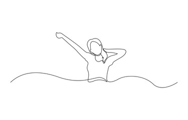 Continuous line art or One Line Drawing of a woman stretching arms is relaxing, Happy man and woman raising hands in an exercise of relax and breathing, one line continuous drawing.