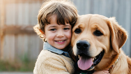 close-up portrait of a little boy and a Labrador dog on a walk in the park