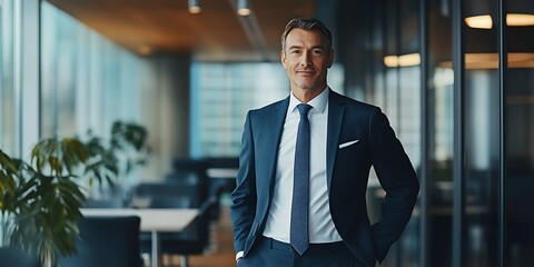 Portrait of a male financial advisor standing confidently in an upscale financial office, exuding professionalism and trust
