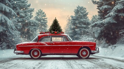 retro car with christmas tree on the roof illustration
