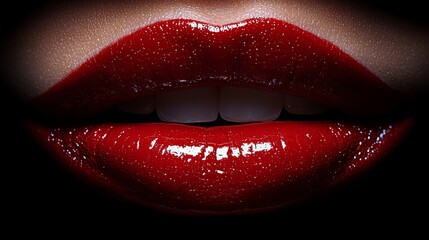 Close-up of glossy red lips with dramatic lighting