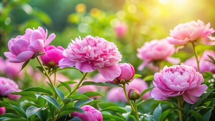 Fototapeta premium Softly blooming pink peonies surrounded by lush greenery and delicate foliage in a serene garden setting, decorative, beautiful pink flowers background