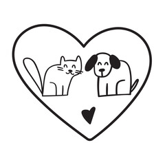 Cute dog and cat inside a heart. Concept for Valentine's day or animal shelter. Outline illustration on white background.