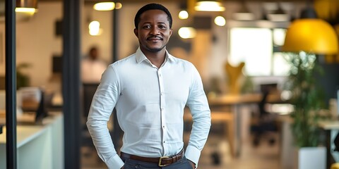 Male business owner standing proudly in a trendy office while overseeing operations with a calm demeanor