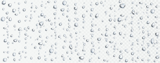 Water rain drops, shower steam condensation on glass. Realistic raining droplets