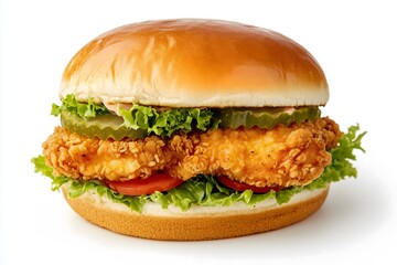 A chicken sandwich with pickles, lettuce and tomato slices on a white background