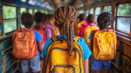 summer vacations are coming to an end children in the mixed race class who boarded the school bus before classes returned to line up and stood in lin