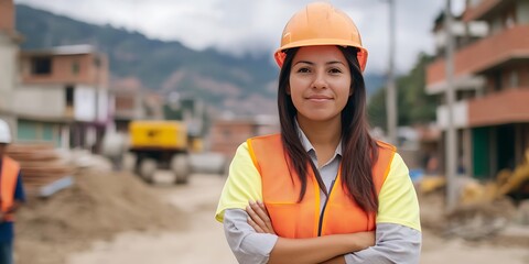 Colombian female engineer standing confidently in a bustling construction zone, overseeing workers and progress