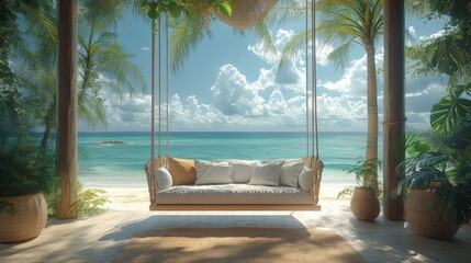Obraz premium take a vacation with zero gravity at home at coronavirus lockdown a sofa in the living room is suspended above the beach and palm tree