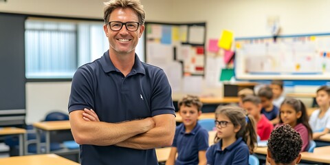 Australian male teacher standing proudly in a classroom engaging with students