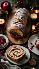 Cozy holiday atmosphere featuring a table set with flaky apple cake, winter decor, candles, and festive treats, creating a warm seasonal setting perfect for gatherings and celebrations.
