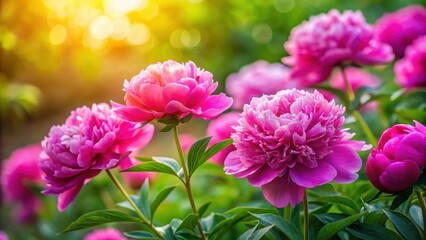 Fototapeta premium Vibrant pink peony flowers in a lush garden setting