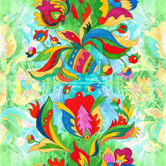 Obraz premium Floral seamless pattern. Ethnic motif. Ukrainian pattern. . Decorative composition with floral motifs. Watercolor. Wallpaper. Use printed materials, signs, posters, postcards, packaging.