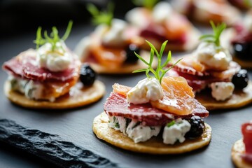 Gourmet Mini Pancakes Topped With Smoked Salmon And Cream Cheese