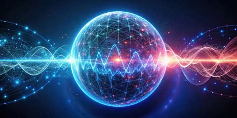 Obraz premium Heartbeat energy particles dancing in a glowing sphere, futuristic, glow, futuristic, glow, abstract, heartbeat, dynamic