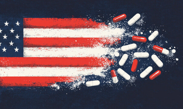 Illustration of American Flag Transformed by Medicine Symbols Highlighting Critical Social Issue of Opioid Crisis and Healthcare Challenges