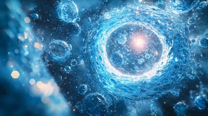 A blue sphere with many small blue bubbles surrounding it