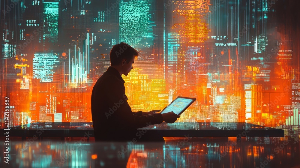Poster a man is sitting at a table with a laptop in front of him