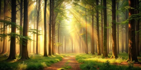Obraz premium Gentle forest landscape with towering trees and a soft, warm light filter , tree, nature