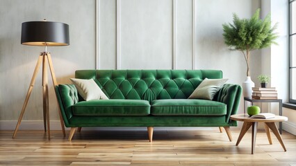 Green Velvet Sofa Interior Design: Eye-Level Shot of Living Room with Floor Lamp & Books