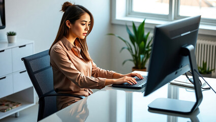 Focused Businesswoman Working on a Laptop in Office Setting