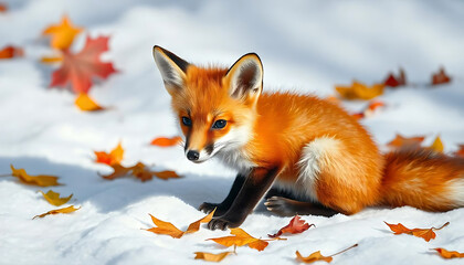 Fototapeta premium A young red fox with large ears and a fluffy tail sitting on a white background, Adorable fox cub with big eyes and fluffy tail, red fox cub, created with generative ai