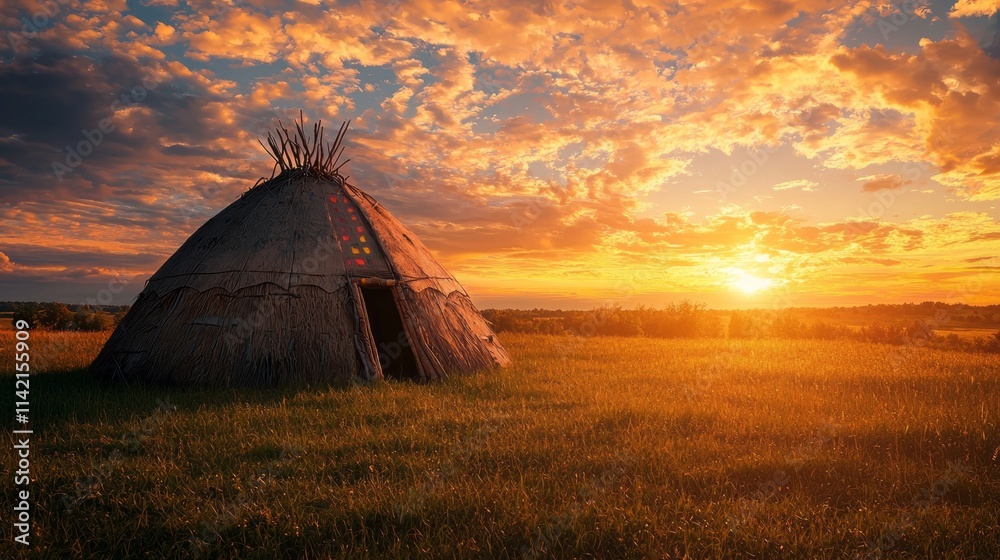 Poster a teepee is in the middle of a field