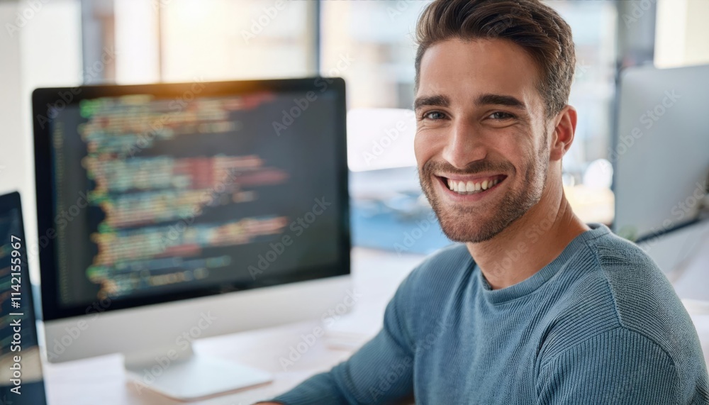 Wall mural web development with smile of man in creative workplace for coding or design