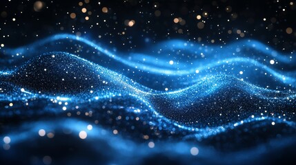 Obraz premium Abstract blue colors gradient wave on black background, blurry lights on dark noise texture, copy space, Generative AI