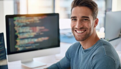 web development with smile of man in creative workplace for coding or design