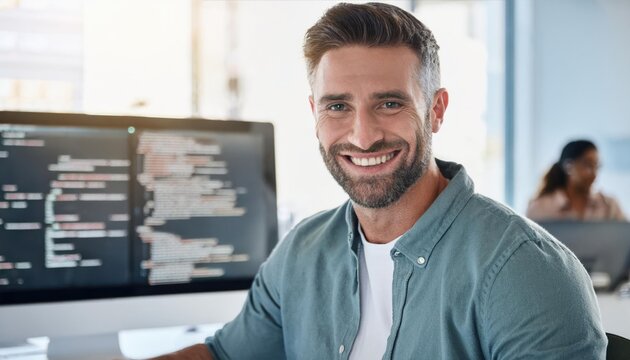 web development with smile of man in creative workplace for coding or design