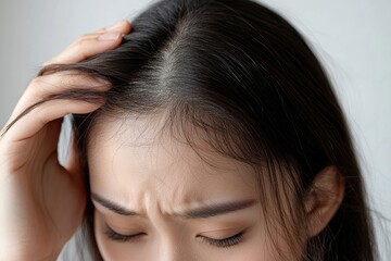 Serious, worried asian young woman, girl holding, show damaged loss hair, problem after brushing, hair fall out on hand. Health care of beauty treatment. Portrait isolated on background, copy, Generat