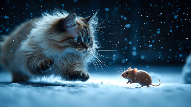 Fluffy cat stalking mouse in snow.