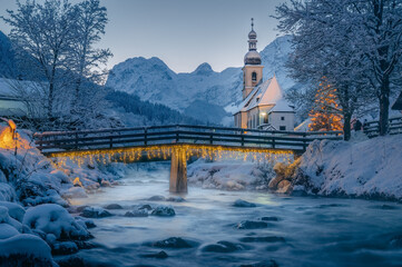 Christmas snowy mountain landscape, Bavaria, Germany