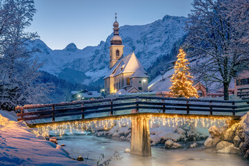 Christmas snowy mountain landscape, Bavaria, Germany