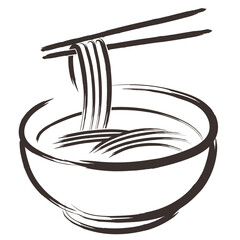 勢い良く描いた手描きの水彩、筆のかすれやにじみを表現したそばのイラスト素材