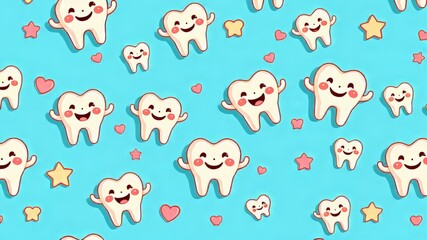 Naklejka premium Cute Cartoon Teeth Seamless Pattern Wallpaper, Blue Background, Healthy Smiles, Children's Design