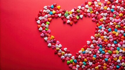 Obraz premium Colorful heart-shaped candies scattered on a vibrant red background with white and pink accents , sweet tooth treat, festive food