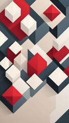 Abstract cubic minimalist background with sharp geometric blocks, mix of Crimson, Slate Gray, Cream