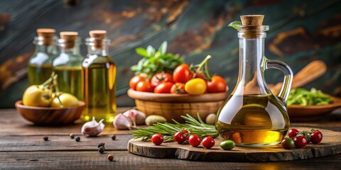 Olive oil bottle with a glass stopper , Mediterranean cuisine, gourmet food