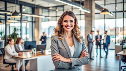 Obraz premium Successful, happy businesswoman smiling confidently in a modern office environment, representing teamwork, collaboration, and career success. 