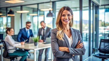 Obraz premium Successful, happy businesswoman smiling confidently in a modern office environment, representing teamwork, collaboration, and career success. 