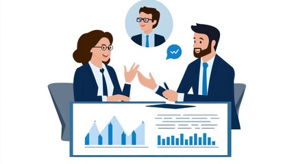 Business Meeting with Data Analysis and Team Collaboration Illustration