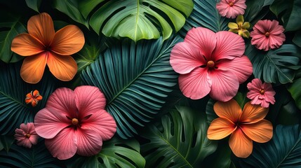 Obraz premium Vibrant Tropical Floral Paradise: A Lush Tapestry of Hibiscus, Plumeria, and Exotic Foliage