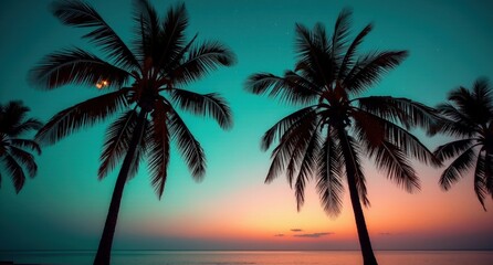 Fototapeta premium Tall palm trees with broad leaves swaying on a beach under clear skies, with vibrant teal and coral hues reflecting in the warm, golden light of fireflies.