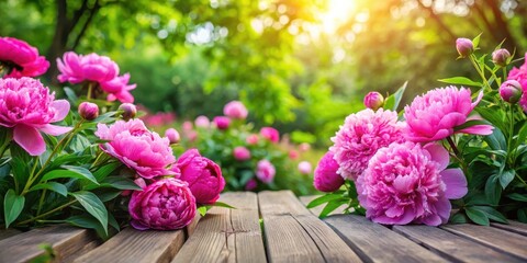 Obraz premium Vibrant pink peonies blooming in a lush garden amidst greenery and wooden planks, nature, outdoor, nature
