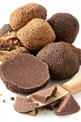 Black truffle, slices and wooden truffle slicer on white, clipping path , isolated on white background,  , copy space, copy space for text,