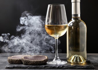 Black truffles and slices with white wine on black stone background , isolated on white background,  , copy space, copy space for text,