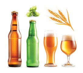 Variety of Beer Bottles and Glasses with Hops and Wheat