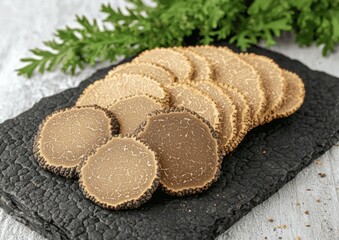 Black truffles and slices with white wine on black stone background , isolated on white background,  , copy space, copy space for text,